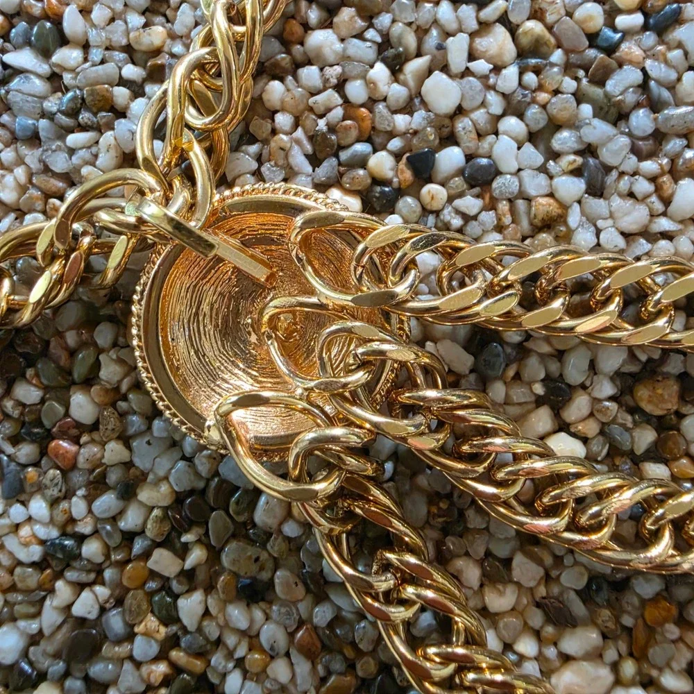 Vintage St John Gold Tone Medallion Multi Strand Curb Chain Belt SJ Logo